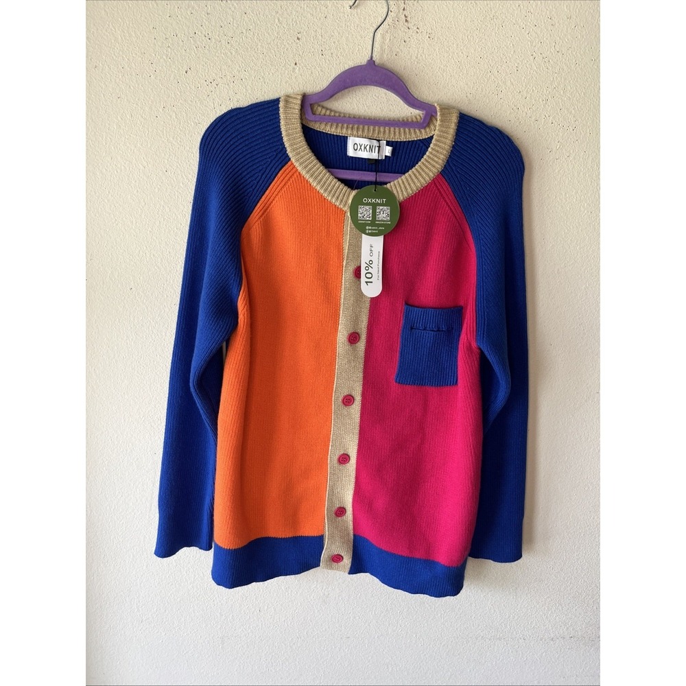 OXKNIT Colorblock Retro Cardigan Sweater Button Front Knit Pink Red Blue L New